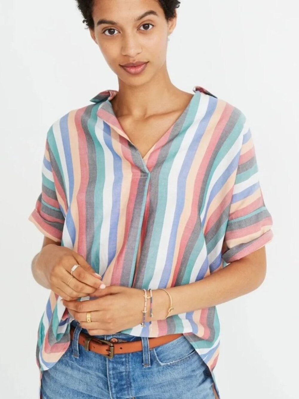 MADEWELL womens BLOUSE shirt BOHO striped COURIER button-back RAINBOW SIZE S